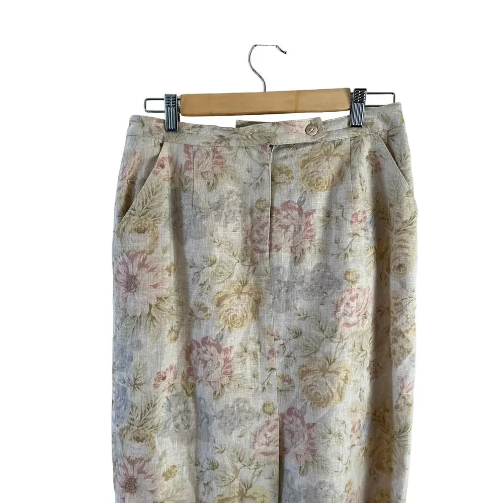 Vintage Chelsea Campbell High Waisted Linen Midi Skirt Beige Floral Print